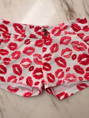 Women's White Athletic Shorts with Red Lip Print